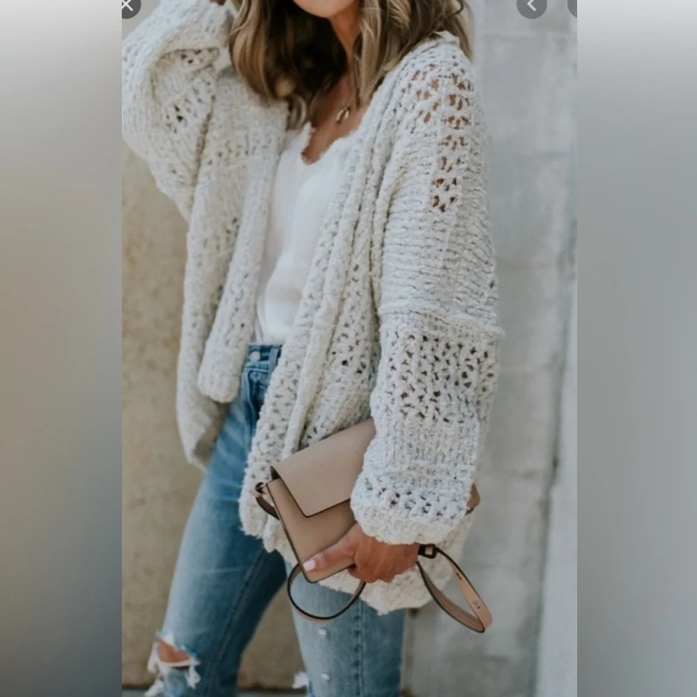 FREE PEOPLE Saturday Morning Knit Cardigan Sweater Cream Ivory Oversized XS-S - Picture 2 of 12